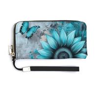 Jubonexis Vintage Teal Sunflower with Butterflies PU Leather Clutch Long Bifold Wallet, Coin Purse Credit Pass Case, Durable Card-Holder Money Storage for Women Men