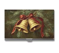 Jubonexis Vintage Two Golden Bells Red Ribbon Business Card Holder, Pocket Slim Metal Business Card Case for Women Men