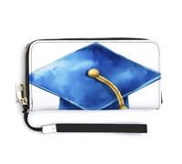Jubonexis Watercolor Blue Gold Graduation Cap with Tassel PU Leather Clutch Long Bifold Wallet, Coin Purse Credit Pass Case, Durable Card-Holder Money Storage for Women Men