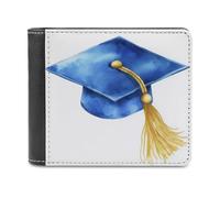 Jubonexis Watercolor Blue Gold Graduation Cap with Tassel Soft PU Leather Bifold Wallet, Coin Purse Credit Pass Case, Durable Card-Holder Slim Billfold for Men Woman Money Storage