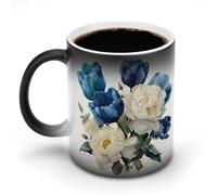 Jubonexis Watercolor Blue Tulips and White Peonies Color Changing Mugs Heat Changing Ceramic Coffee Mug Novelty Funny Tea Water Cup 11OZ