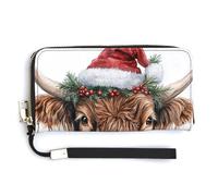 Jubonexis Watercolor Christmas Highland Cow PU Leather Clutch Long Bifold Wallet, Coin Purse Credit Pass Case, Durable Card-Holder Money Storage for Women Men