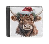 Jubonexis Watercolor Christmas Highland Cow Soft PU Leather Bifold Wallet, Coin Purse Credit Pass Case, Durable Card-Holder Slim Billfold for Men Woman Money Storage