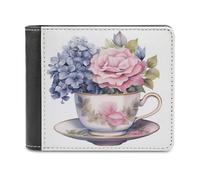 Jubonexis Watercolor Floral Teacup Soft PU Leather Bifold Wallet, Coin Purse Credit Pass Case, Durable Card-Holder Slim Billfold for Men Woman Money Storage