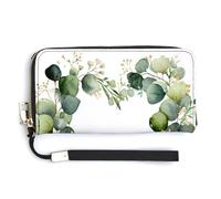 Jubonexis Watercolor Floral Wreath Eucalyptus Leaves Heart Shaped PU Leather Clutch Long Bifold Wallet, Coin Purse Credit Pass Case, Durable Card-Holder Money Storage for Women Men
