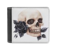 Jubonexis Watercolor Halloween Skull Black Roses Soft PU Leather Bifold Wallet, Coin Purse Credit Pass Case, Durable Card-Holder Slim Billfold for Men Woman Money Storage