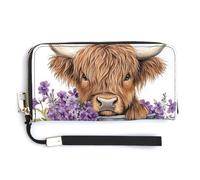 Jubonexis Watercolor Highland Cow in Metal Bucket PU Leather Clutch Long Bifold Wallet, Coin Purse Credit Pass Case, Durable Card-Holder Money Storage for Women Men