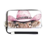 Jubonexis Watercolor Highland Cow Pink Cowboy Hat PU Leather Clutch Long Bifold Wallet, Coin Purse Credit Pass Case, Durable Card-Holder Money Storage for Women Men
