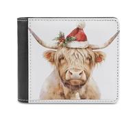 Jubonexis Watercolor Highland Cow with Christmas Hat Soft PU Leather Bifold Wallet, Coin Purse Credit Pass Case, Durable Card-Holder Slim Billfold for Men Woman Money Storage