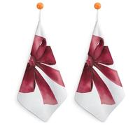 Jubonexis Watercolor Large Deep Red Bow with Long Ribbon Small Hand Towel with Hanging Loop 2 PCS Absorbent Soft Wash Cloth for Kitchen Bathroom