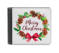 Jubonexis Watercolor Merry Christmas Hollies Pine Cones Soft PU Leather Bifold Wallet, Coin Purse Credit Pass Case, Durable Card-Holder Slim Billfold for Men Woman Money Storage