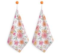 Jubonexis Watercolor Pink And Peach Floral Pattern Small Hand Towel with Hanging Loop 2 PCS Absorbent Soft Wash Cloth for Kitchen Bathroom