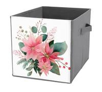 Jubonexis Watercolor Pink Poinsettia Eucalyptus Cube Storage Bins Storage Cubes Foldable Decorative Fabric Storage Baskets Home Organizers with Handles for Shelves,Closet, 27x27 CM