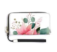 Jubonexis Watercolor Pink Poinsettia Eucalyptus PU Leather Clutch Long Bifold Wallet, Coin Purse Credit Pass Case, Durable Card-Holder Money Storage for Women Men