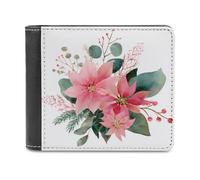 Jubonexis Watercolor Pink Poinsettia Eucalyptus Soft PU Leather Bifold Wallet, Coin Purse Credit Pass Case, Durable Card-Holder Slim Billfold for Men Woman Money Storage