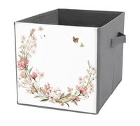 Jubonexis Watercolor Pink Wildflowers Wreath Butterfly Flying Cube Storage Bins Storage Cubes Foldable Decorative Fabric Storage Baskets Home Organizers with Handles for Shelves,Closet, 27x27 CM