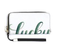 Jubonexis Watercolor Script Word Lucky in Soft Emerald Green PU Leather Clutch Long Bifold Wallet, Coin Purse Credit Pass Case, Durable Card-Holder Money Storage for Women Men