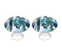 Jubonexis Watercolor Succulents Hydrangeas Blue Stripes Round Drawer Cabinet Knobs Handles with Screws,2 Pcs, Drawer Dresser Knob Pulls Decor for Wardrobe Cupboard Home Office Kitchen
