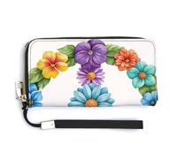 Jubonexis Watercolor The Peace Symbol Colorful Flowers PU Leather Clutch Long Bifold Wallet, Coin Purse Credit Pass Case, Durable Card-Holder Money Storage for Women Men