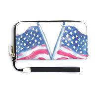 Jubonexis Watercolor Two American Flags with Girly Bow PU Leather Clutch Long Bifold Wallet, Coin Purse Credit Pass Case, Durable Card-Holder Money Storage for Women Men