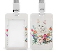 Jubonexis Watercolor White Cat and Flowers ID Badge Holder Retractable Clip Card Holder Card Protector Name Badge Name Tag for Work Office Doctor Nurse