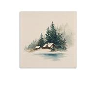 Jubonexis Watercolor Winter Ski Cabin Dark Green Pines Canvas Wall Art Poster Painting Aesthetic Picture for Living Room Farmhouse Decor Unframed 16x16inch(40x40cm)