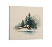 Jubonexis Watercolor Winter Ski Cabin Dark Green Pines Canvas Wall Art Poster Painting Aesthetic Picture for Living Room Farmhouse Decor Unframed 16x16inch(40x40cm)