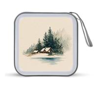 Jubonexis Watercolor Winter Ski Cabin Dark Green Pines CD Case DVD Storage Case Portable for Car Home Travel
