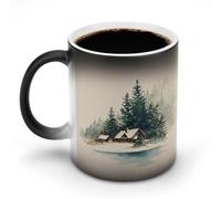 Jubonexis Watercolor Winter Ski Cabin Dark Green Pines Color Changing Mugs Heat Changing Ceramic Coffee Mug Novelty Funny Tea Water Cup 11OZ