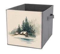 Jubonexis Watercolor Winter Ski Cabin Dark Green Pines Cube Storage Bins Storage Cubes Foldable Decorative Fabric Storage Baskets Home Organizers with Handles for Shelves,Closet, 27x27 CM