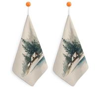 Jubonexis Watercolor Winter Ski Cabin Dark Green Pines Small Hand Towel with Hanging Loop 2 PCS Absorbent Soft Wash Cloth for Kitchen Bathroom