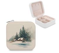 Jubonexis Watercolor Winter Ski Cabin Dark Green Pines Small Jewelry Box Jewelry Organizer Portable PU Leather Mini Travel Jewelry Case