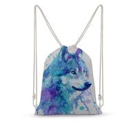 Jubonexis Watercolor Wolf with Neon Blue Purple Drawstring Backpack Canvas String Bag Lightweight Sports Gym Bag for Men Women