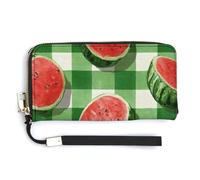 Jubonexis Watermelon on Checkered Green Tablecloth PU Leather Clutch Long Bifold Wallet, Coin Purse Credit Pass Case, Durable Card-Holder Money Storage for Women Men