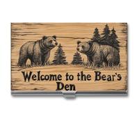 Jubonexis Welcome to The Bear's Den Wooden Business Card Holder, Pocket Slim Metal Business Card Case for Women Men