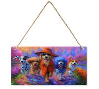 Jubonexis Whimsical 5 Dogs Walking Cheerfully in Park Wooden Wall Art Sign Rustic Farmhouse Garden Hanging Decor