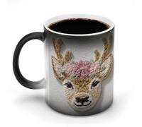 Jubonexis Whimsical Embroidery Reindeer with Flower Crown Color Changing Mugs Heat Changing Ceramic Coffee Mug Novelty Funny Tea Water Cup 11OZ