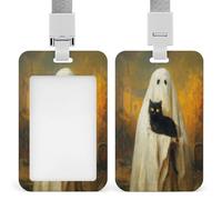 Jubonexis Whimsical White Ghost Holding Black Cat ID Badge Holder Retractable Clip Card Holder Card Protector Name Badge Name Tag for Work Office Doctor Nurse