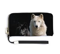 Jubonexis White and Black Wolf Sitting Together PU Leather Clutch Long Bifold Wallet, Coin Purse Credit Pass Case, Durable Card-Holder Money Storage for Women Men