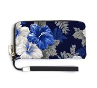 Jubonexis White and Blue Hibiscus Flowers PU Leather Clutch Long Bifold Wallet, Coin Purse Credit Pass Case, Durable Card-Holder Money Storage for Women Men