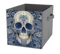 Jubonexis White And Blue Skull Motif Cube Storage Bins Storage Cubes Foldable Decorative Fabric Storage Baskets Home Organizers with Handles for Shelves,Closet, 27x27 CM