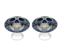 Jubonexis White and Blue Skull Motif Round Drawer Cabinet Knobs Handles with Screws,2 Pcs, Drawer Dresser Knob Pulls Decor for Wardrobe Cupboard Home Office Kitchen