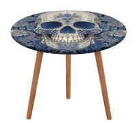 Jubonexis White And Blue Skull Motif Round Tablecloth,Waterproof Elastic Fitted Table Covers for Picnic Camping Dining 50 Inch