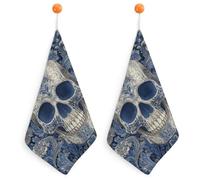 Jubonexis White And Blue Skull Motif Small Hand Towel with Hanging Loop 2 PCS Absorbent Soft Wash Cloth for Kitchen Bathroom
