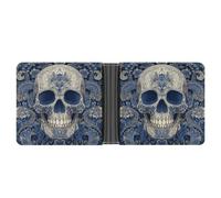 Jubonexis White and Blue Skull Motif Soft PU Leather Bifold Wallet, Coin Purse Credit Pass Case, Durable Card-Holder Slim Billfold for Men Woman Money Storage
