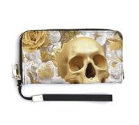 Jubonexis White and Gold Skull and Roses PU Leather Clutch Long Bifold Wallet, Coin Purse Credit Pass Case, Durable Card-Holder Money Storage for Women Men