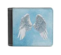 Jubonexis White Angel Wings on Pale Blue Soft PU Leather Bifold Wallet, Coin Purse Credit Pass Case, Durable Card-Holder Slim Billfold for Men Woman Money Storage