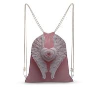 Jubonexis White Angel Wings with Pink Rose Heart Drawstring Backpack Canvas String Bag Lightweight Sports Gym Bag for Men Women