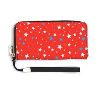 Jubonexis White Blue Stars on Red Pattern PU Leather Clutch Long Bifold Wallet, Coin Purse Credit Pass Case, Durable Card-Holder Money Storage for Women Men