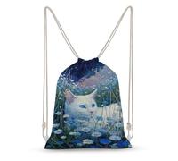 Jubonexis White Cat with Blue Eyes Drawstring Backpack Canvas String Bag Lightweight Sports Gym Bag for Men Women